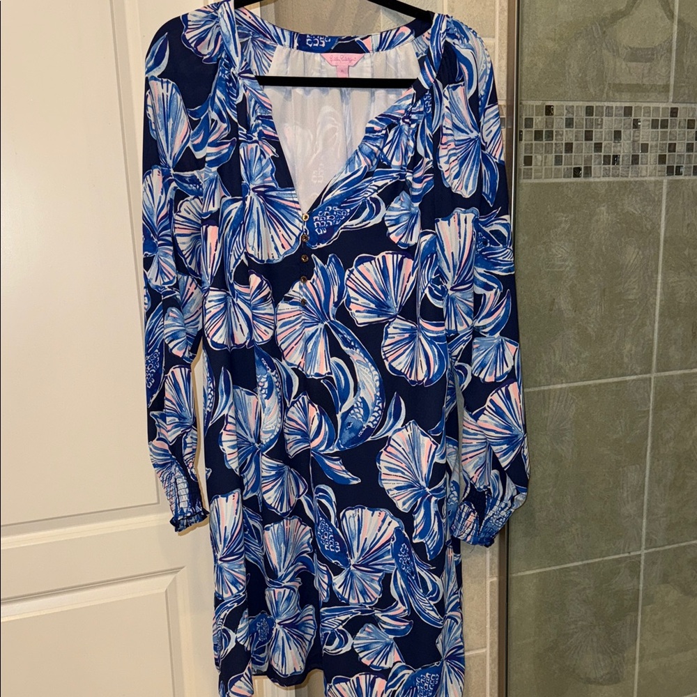 Lilly Pulitzer Brynle Stretch Sleeve Dress Twilight Blue Scale Up Size XL